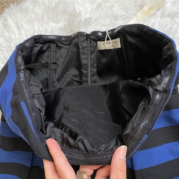 Trina Turk Strapless Mini Dress NEW Pockets Black Blue Striped Women’s 12 Lined - Picture 4 of 12